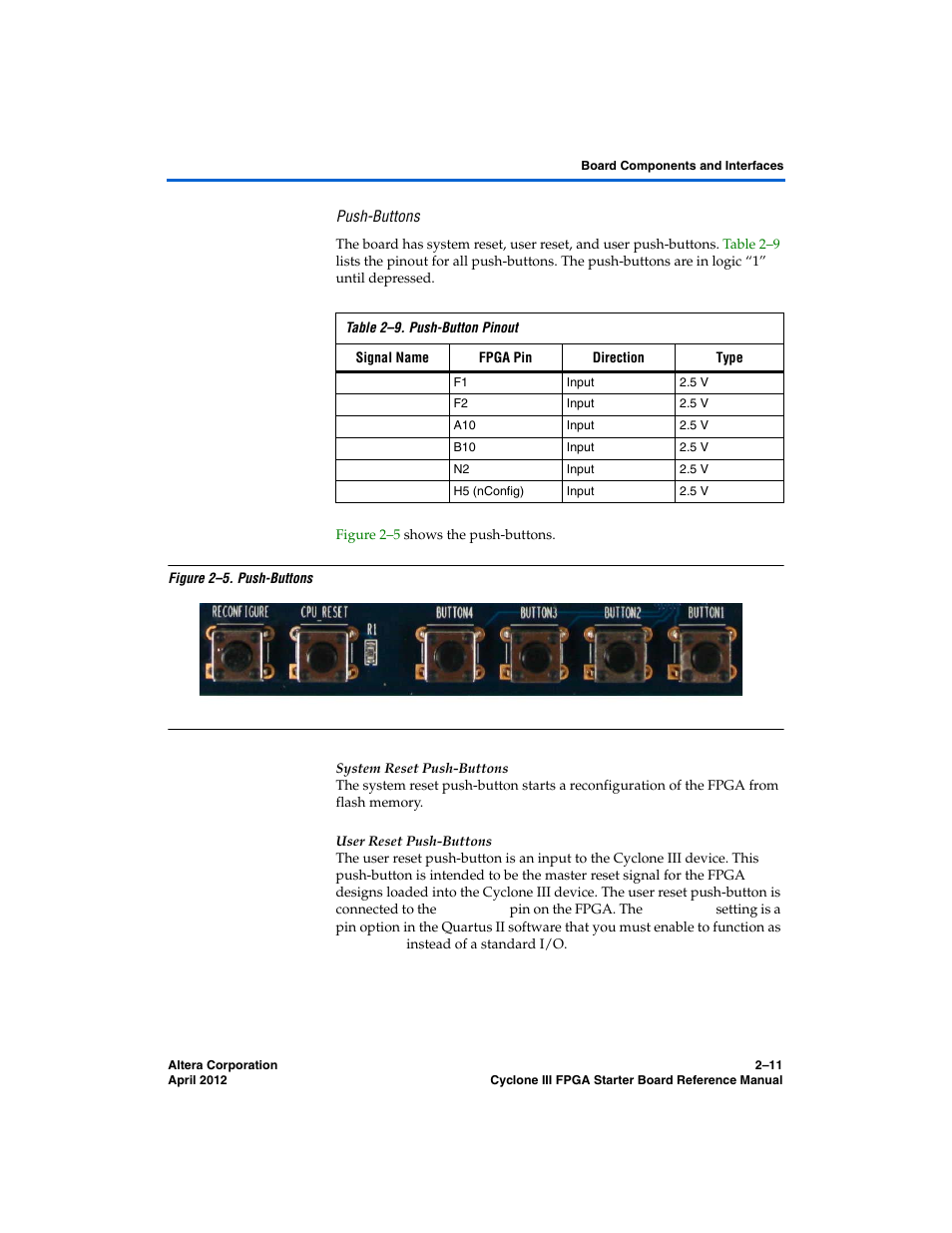 Push-buttons | Altera Cyclone III FPGA Starter Board User Manual | Page 19 / 32