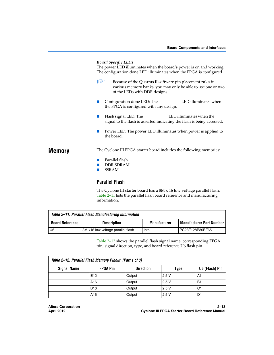 Memory, Parallel flash, Memory –13 | Altera Cyclone III FPGA Starter Board User Manual | Page 21 / 32