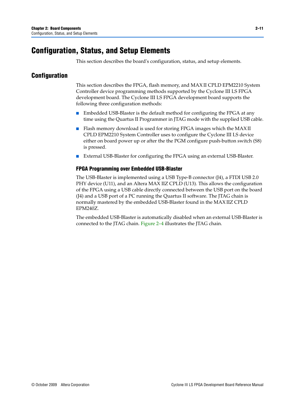 Configuration, status, and setup elements, Configuration, Configuration, status, and setup elements –11 | Configuration –11, Fpga programming over embedded usb-blaster –11 | Altera Cyclone III LS FPGA Development Board User Manual | Page 19 / 58