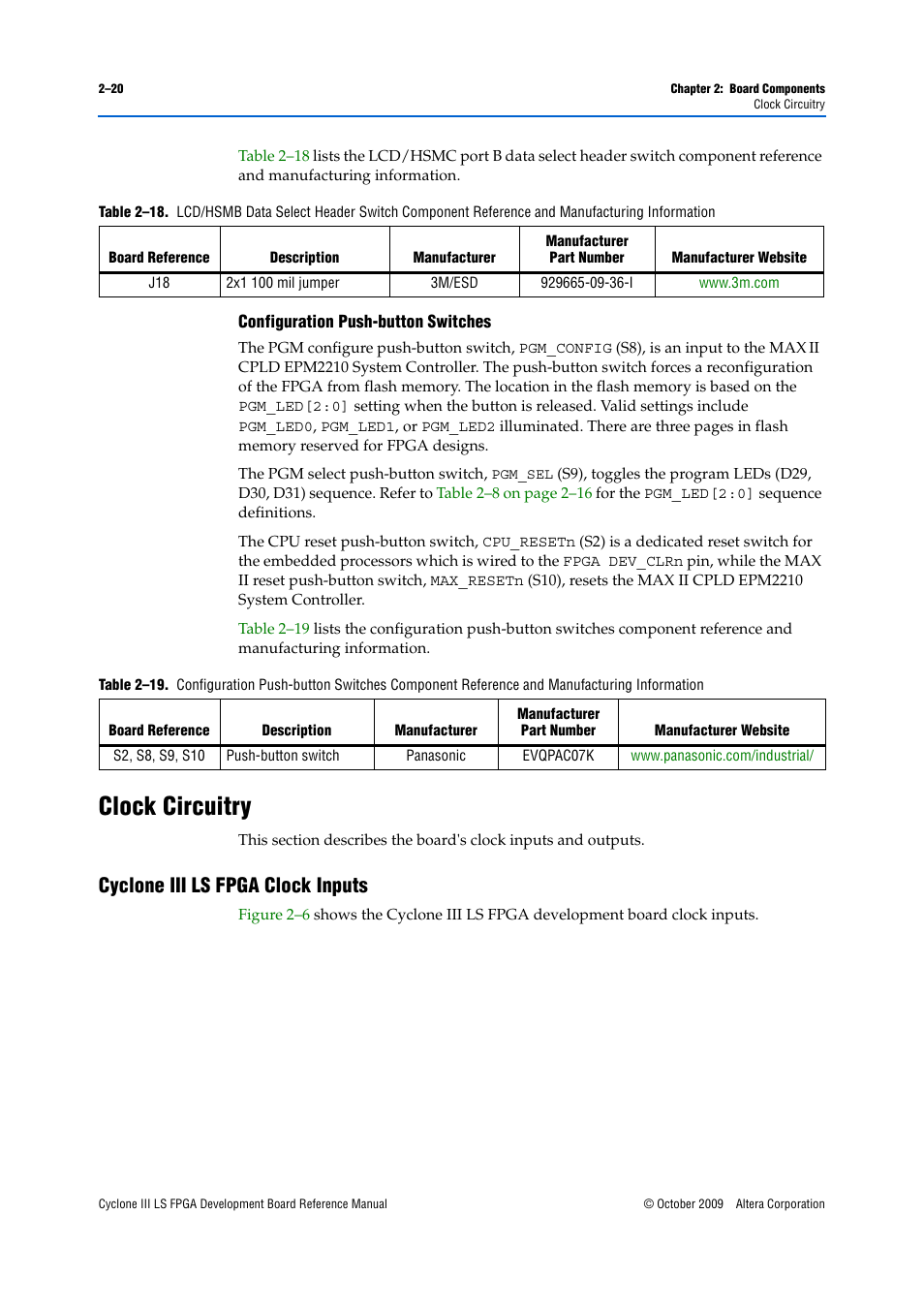 Clock circuitry, Cyclone iii ls fpga clock inputs, Configuration push-button switches –20 | Clock circuitry –20, Cyclone iii ls fpga clock inputs –20 | Altera Cyclone III LS FPGA Development Board User Manual | Page 28 / 58