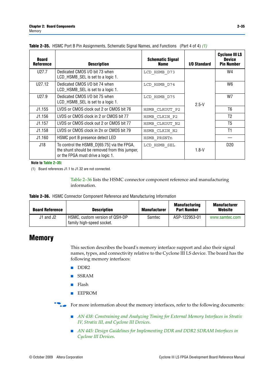 Memory, Memory –35 | Altera Cyclone III LS FPGA Development Board User Manual | Page 43 / 58