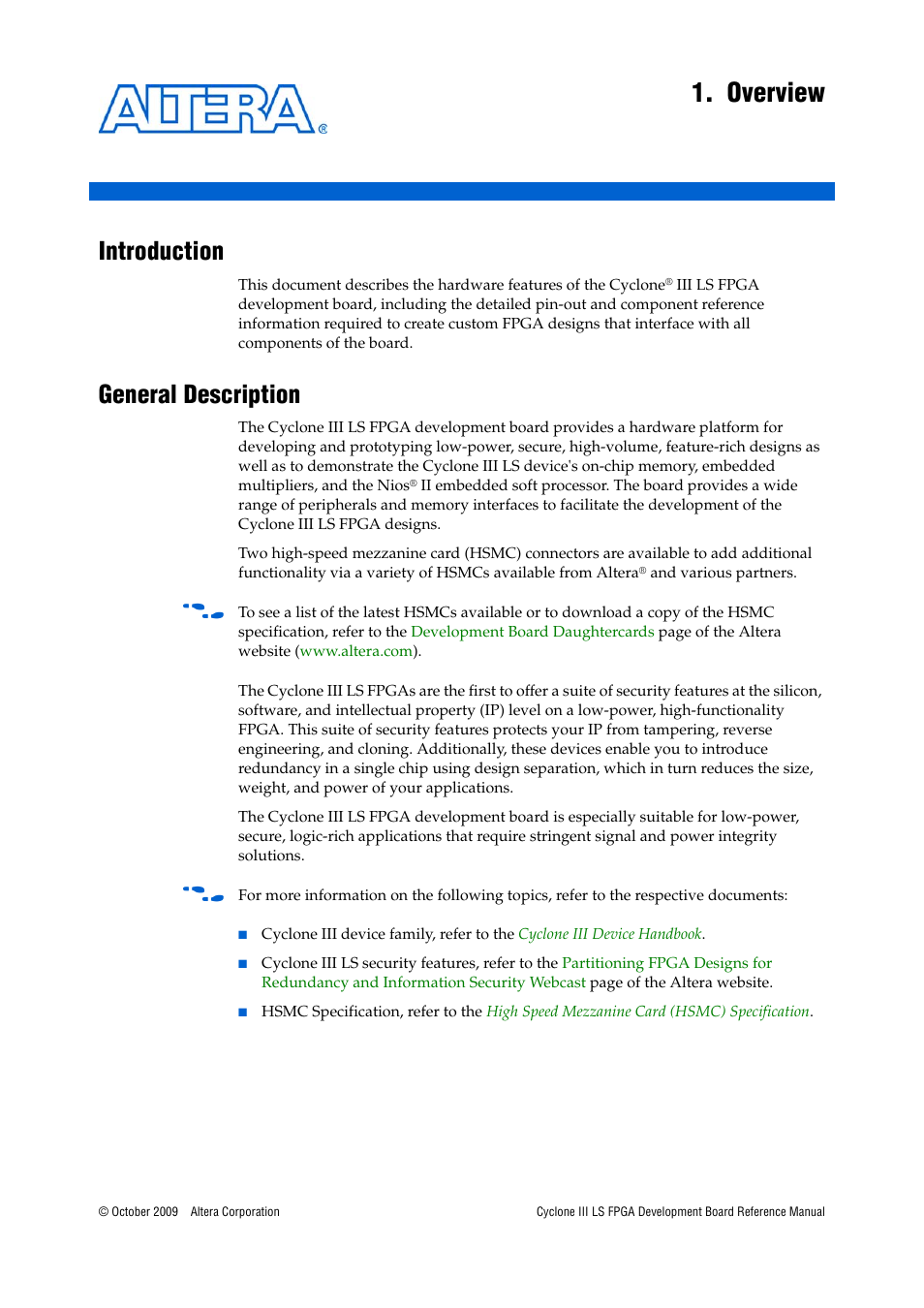 Overview, Introduction, General description | Chapter 1. overview, Introduction –1 general description –1 | Altera Cyclone III LS FPGA Development Board User Manual | Page 5 / 58