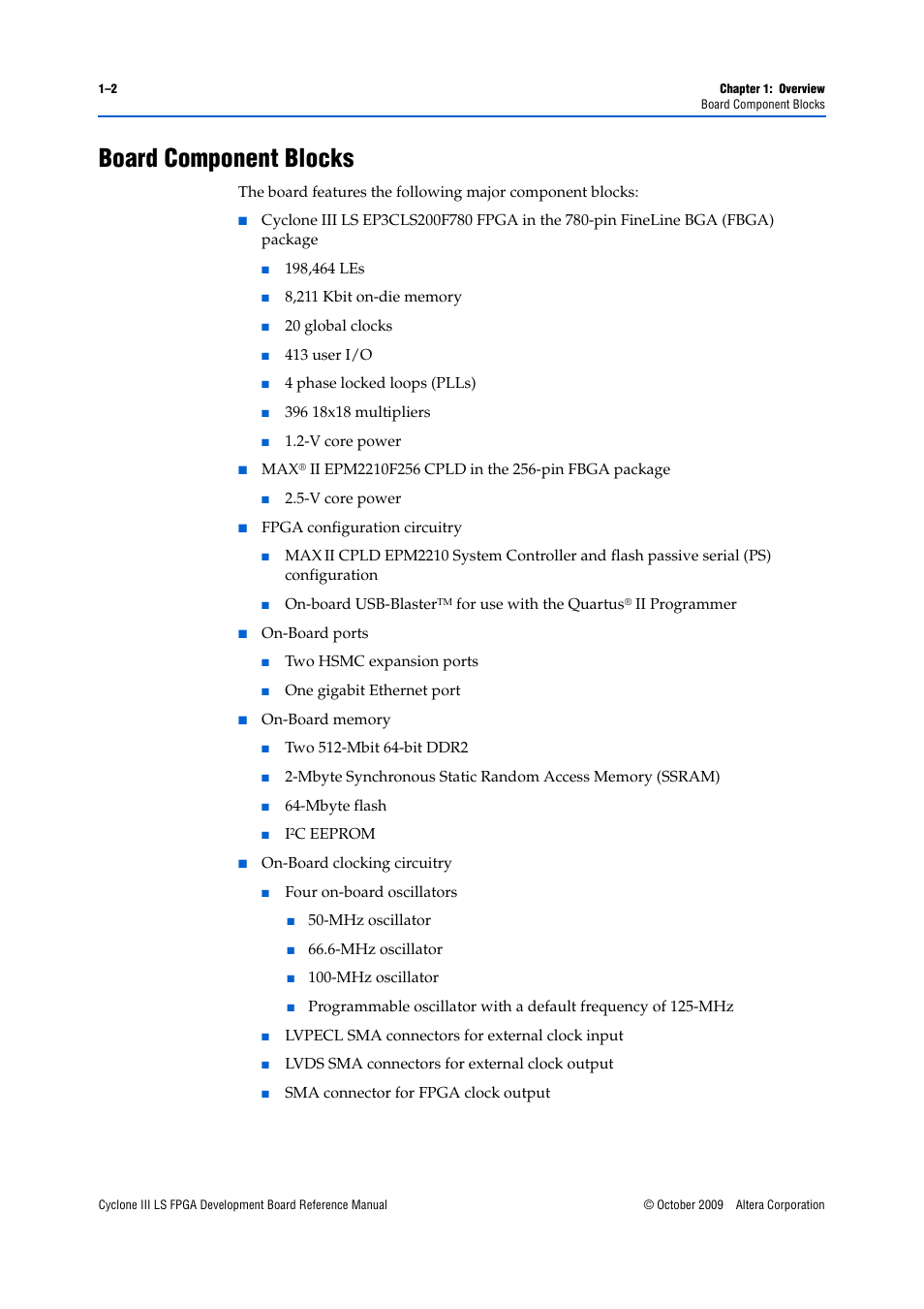 Board component blocks, Board component blocks –2 | Altera Cyclone III LS FPGA Development Board User Manual | Page 6 / 58