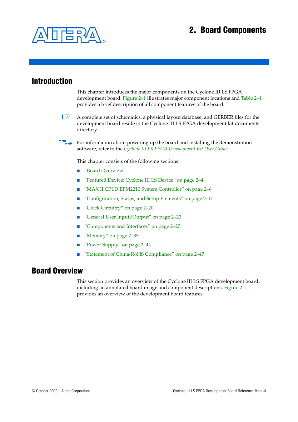 Board components, Introduction, Board overview | Chapter 2. board components, Introduction –1 board overview –1 | Altera Cyclone III LS FPGA Development Board User Manual | Page 9 / 58