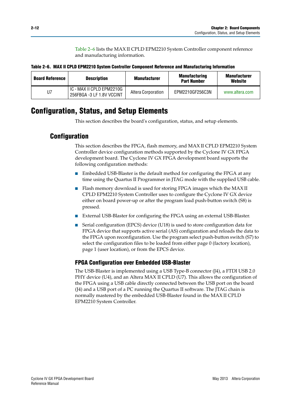 Configuration, status, and setup elements, Configuration, Fpga configuration over embedded usb-blaster | Configuration, status, and setup elements –12, Configuration –12, Fpga configuration over embedded usb-blaster –12 | Altera Cyclone IV GX FPGA Development Board User Manual | Page 20 / 60