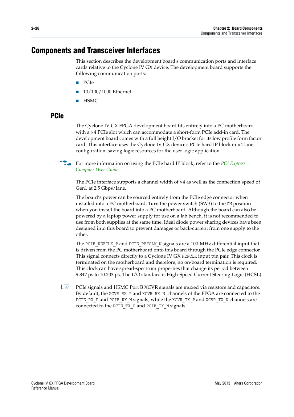 Components and transceiver interfaces, Pcie, Components and transceiver interfaces –26 | Pcie –26 | Altera Cyclone IV GX FPGA Development Board User Manual | Page 34 / 60