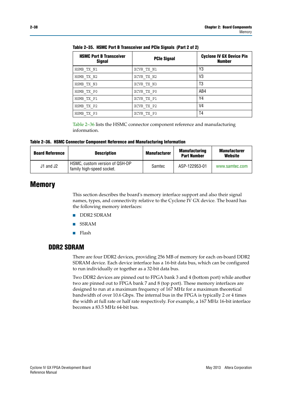 Memory, Ddr2 sdram, Memory –38 | Ddr2 sdram –38 | Altera Cyclone IV GX FPGA Development Board User Manual | Page 46 / 60