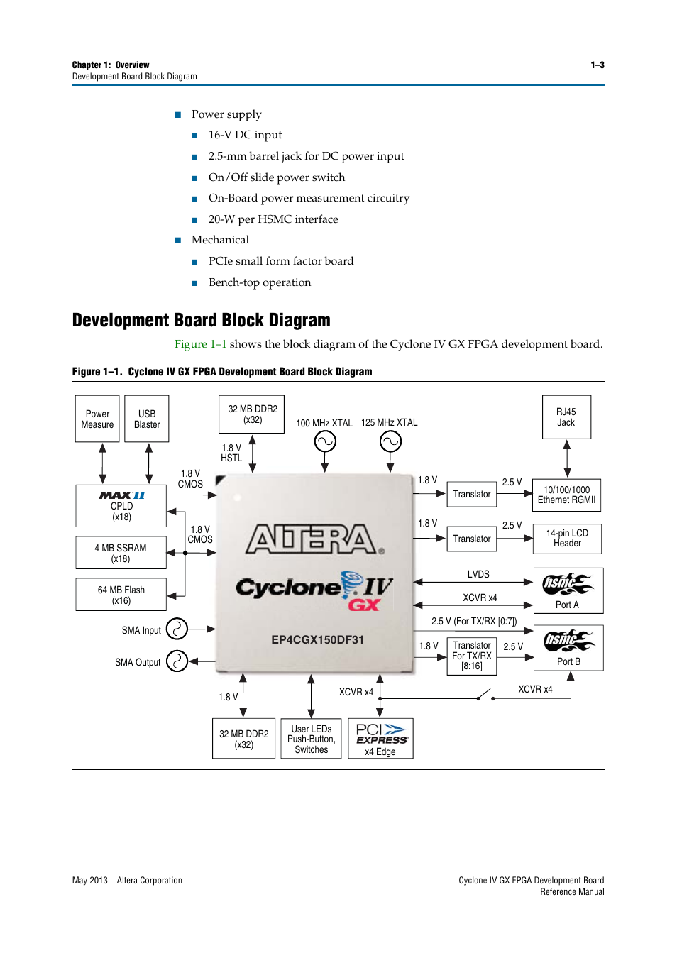 Development board block diagram, Development board block diagram –3 | Altera Cyclone IV GX FPGA Development Board User Manual | Page 7 / 60