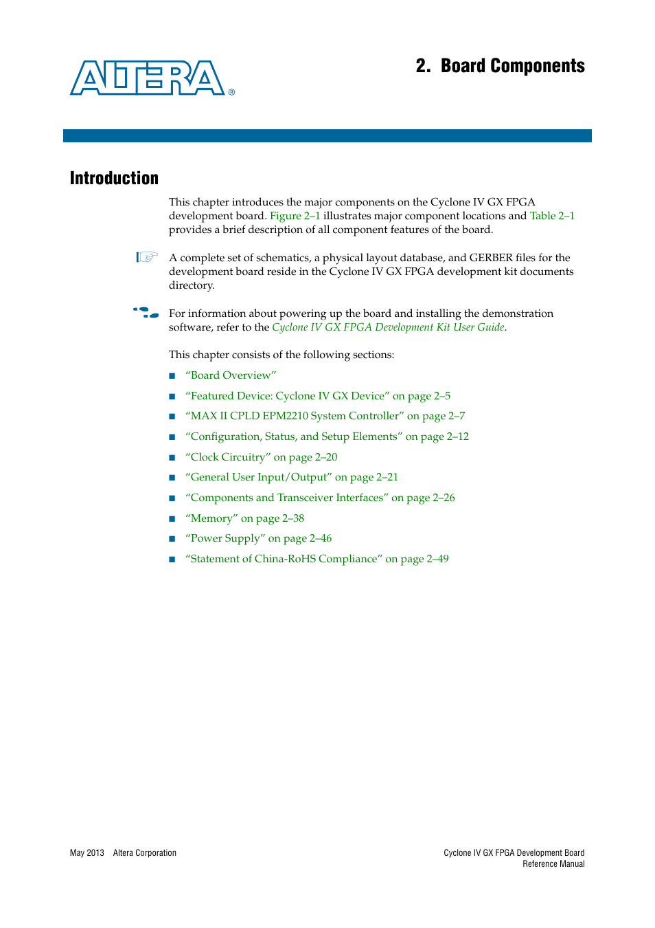 Board components, Introduction, Chapter 2. board components | Introduction –1 | Altera Cyclone IV GX FPGA Development Board User Manual | Page 9 / 60