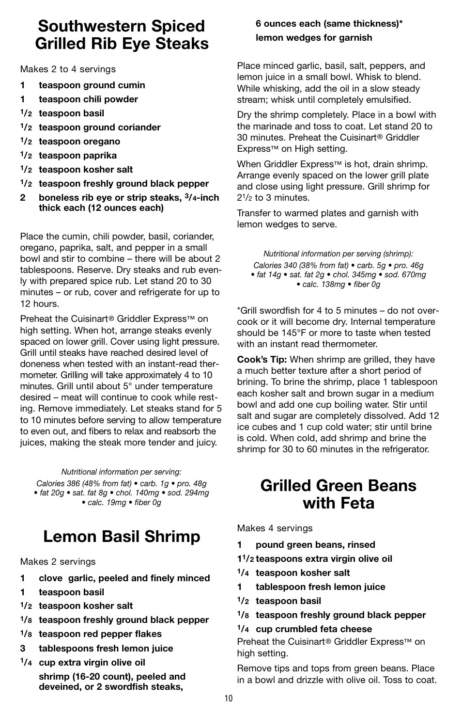 Southwestern spiced grilled rib eye steaks, Lemon basil shrimp, Grilled green beans with feta | Cuisinart GR-2 User Manual | Page 11 / 16