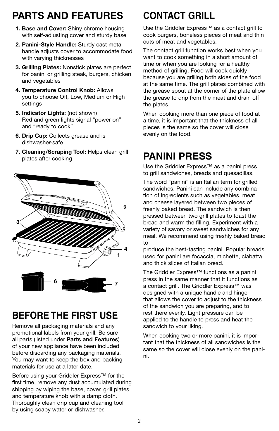 Parts and features, Before the first use, Contact grill | Panini press | Cuisinart GR-2 User Manual | Page 3 / 16