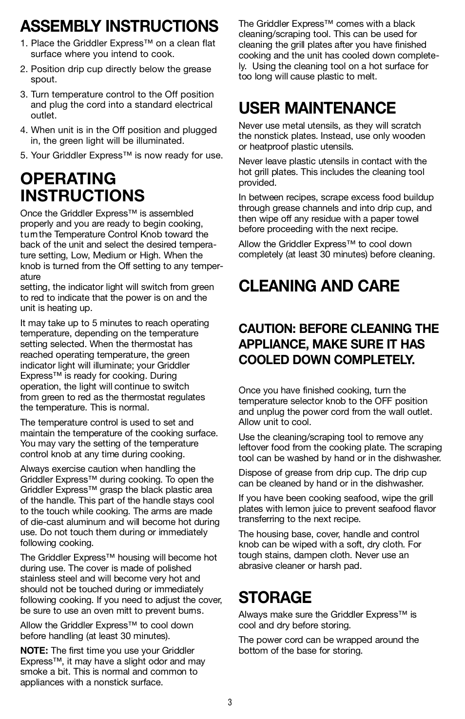 Operating instructions, User maintenance, Cleaning and care | Cuisinart GR-2 User Manual | Page 4 / 16