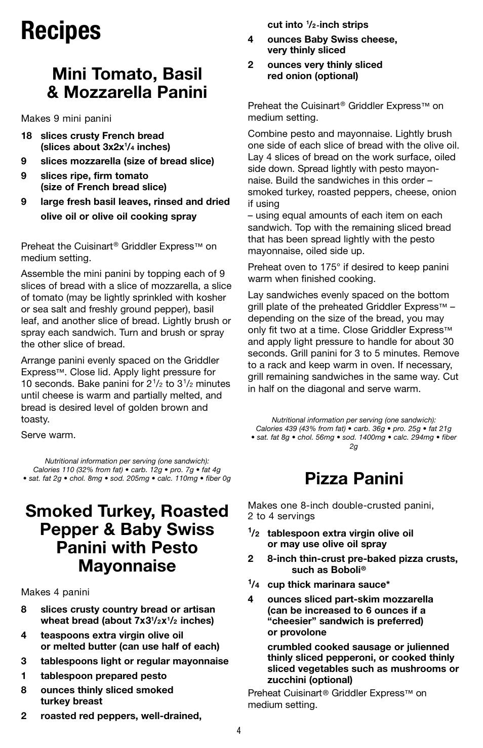 Recipes, Mini tomato, basil & mozzarella panini, Pizza panini | Cuisinart GR-2 User Manual | Page 5 / 16