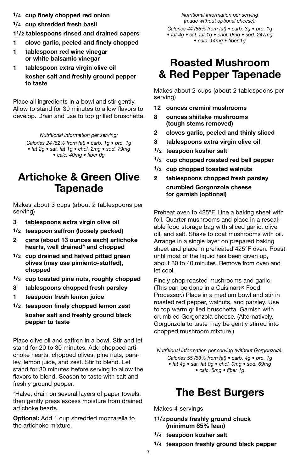 Artichoke & green olive tapenade, Roasted mushroom & red pepper tapenade, The best burgers | Cuisinart GR-2 User Manual | Page 8 / 16