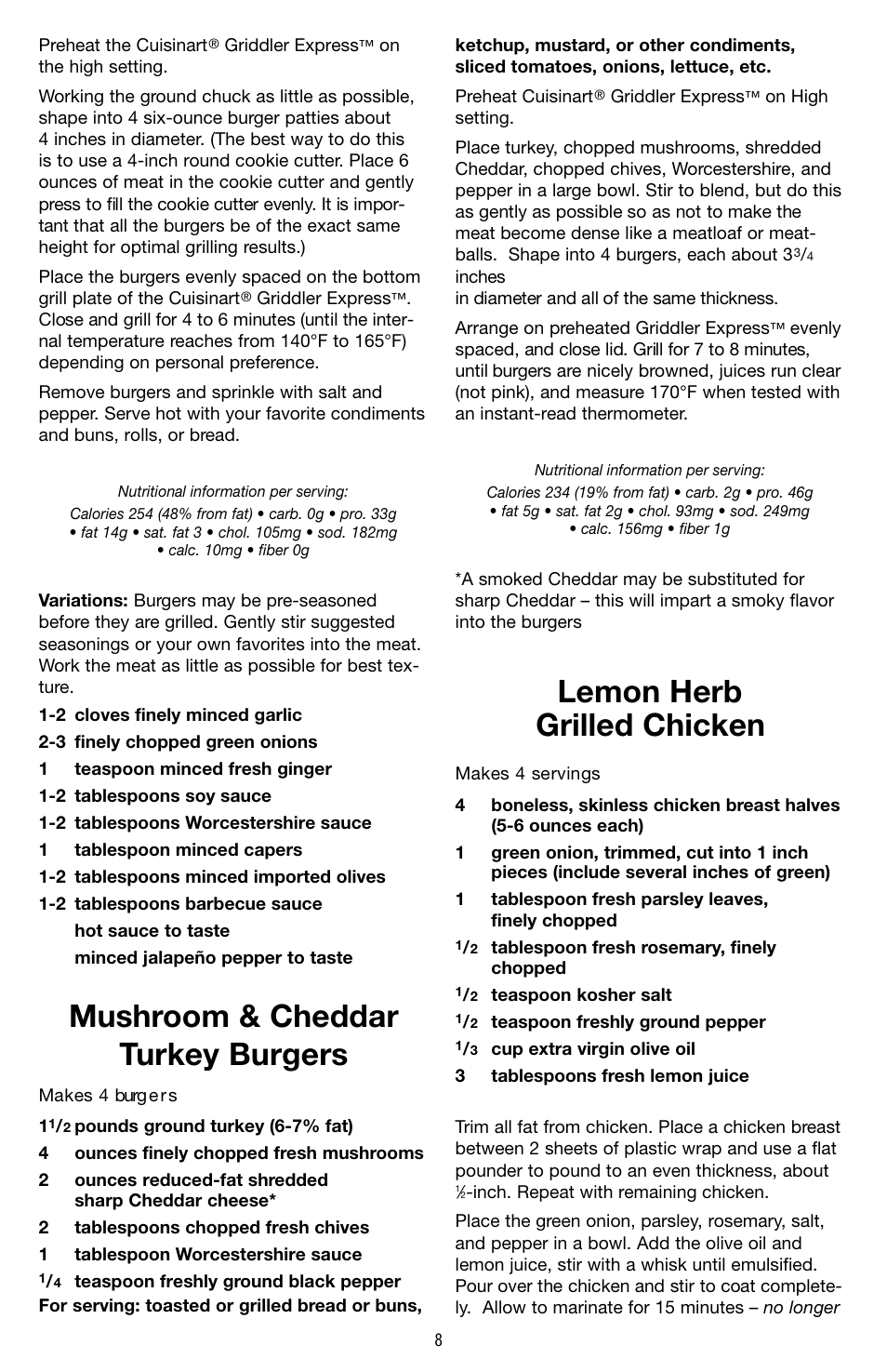 Mushroom & cheddar turkey burgers, Lemon herb grilled chicken | Cuisinart GR-2 User Manual | Page 9 / 16