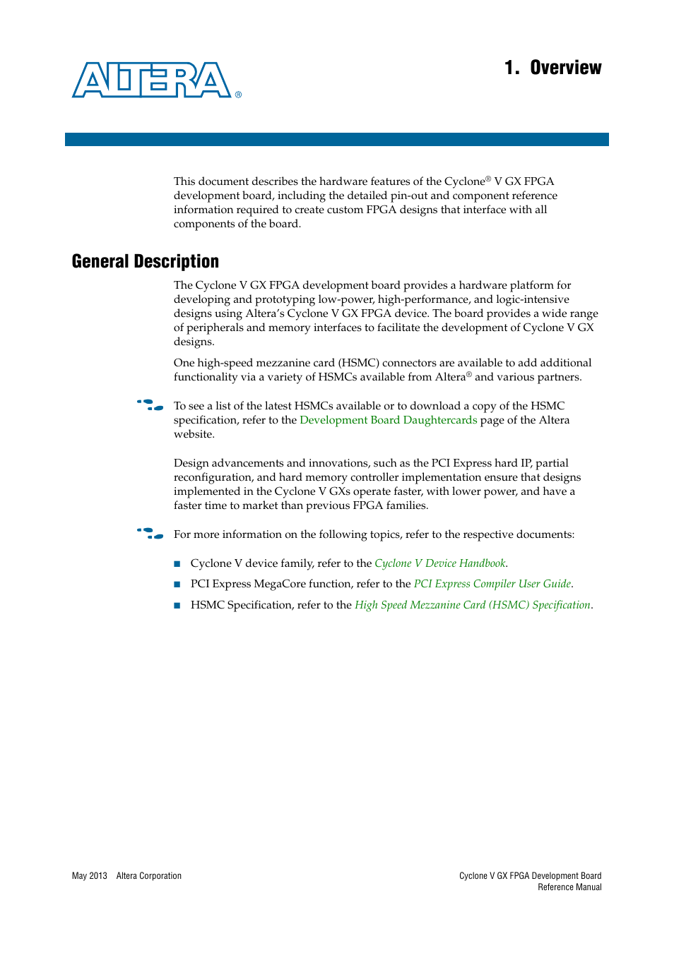 Overview, General description, Chapter 1. overview | General description –1 | Altera Cyclone V GX FPGA Development Board User Manual | Page 5 / 60
