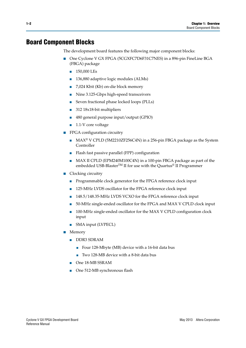 Board component blocks, Board component blocks –2 | Altera Cyclone V GX FPGA Development Board User Manual | Page 6 / 60