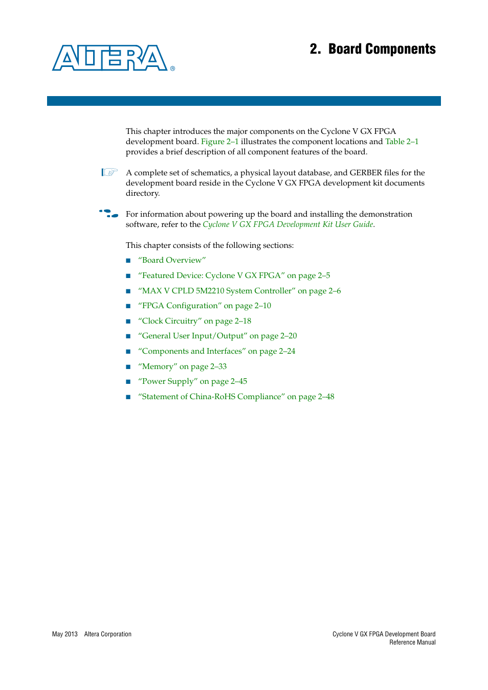 Board components, Chapter 2. board components | Altera Cyclone V GX FPGA Development Board User Manual | Page 9 / 60