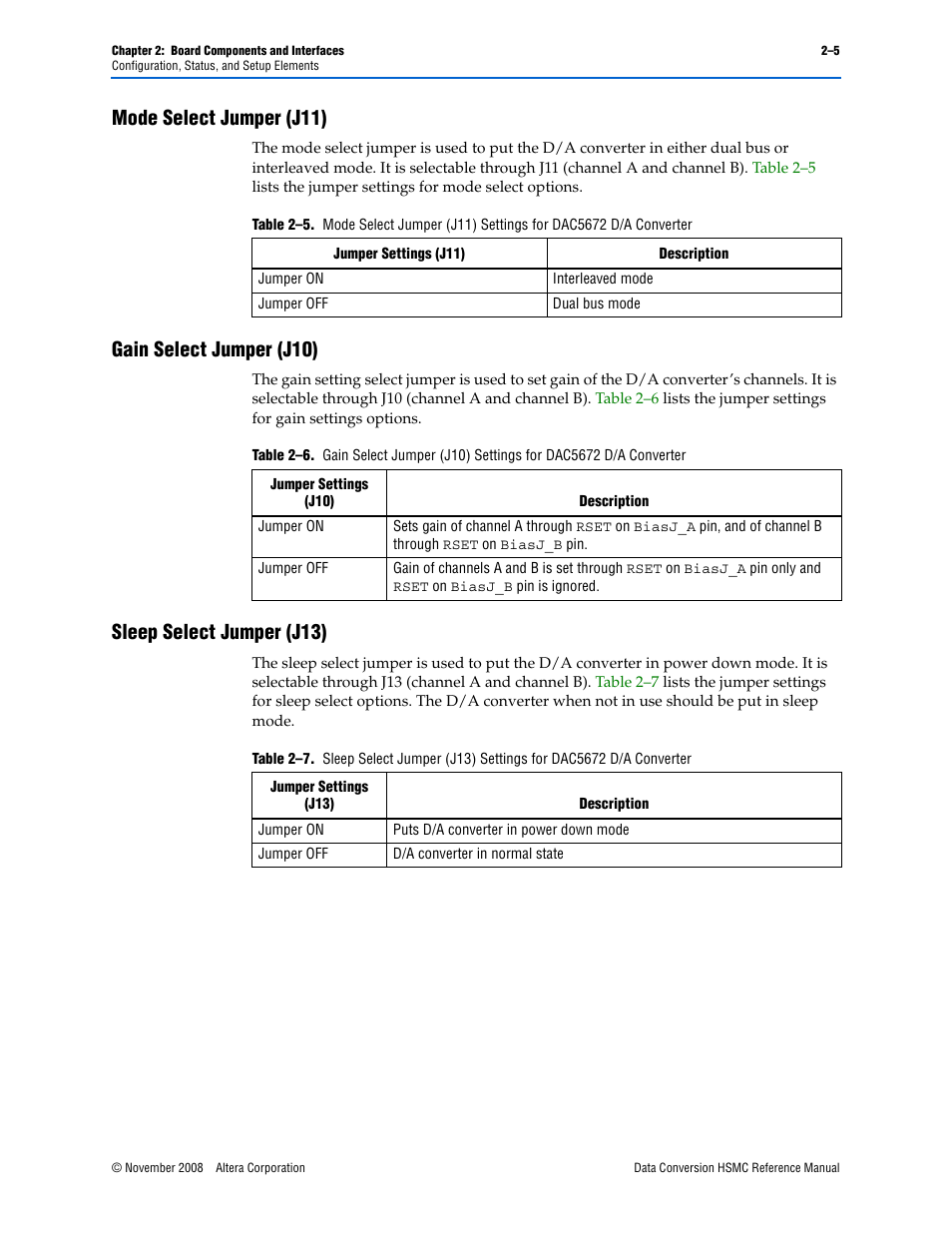 Mode select jumper (j11), Gain select jumper (j10), Sleep select jumper (j13) | Altera Data Conversion HSMC User Manual | Page 11 / 44
