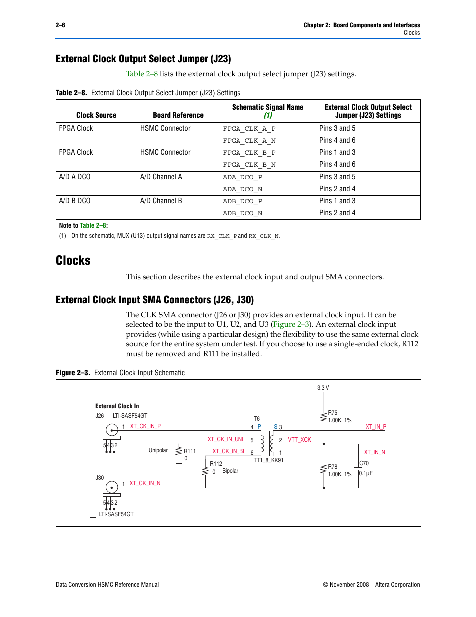 External clock output select jumper (j23), Clocks, External clock input sma connectors (j26, j30) | External clock output select jumper (j23) –6, Clocks –6, External clock input sma connectors (j26, j30) –6 | Altera Data Conversion HSMC User Manual | Page 12 / 44
