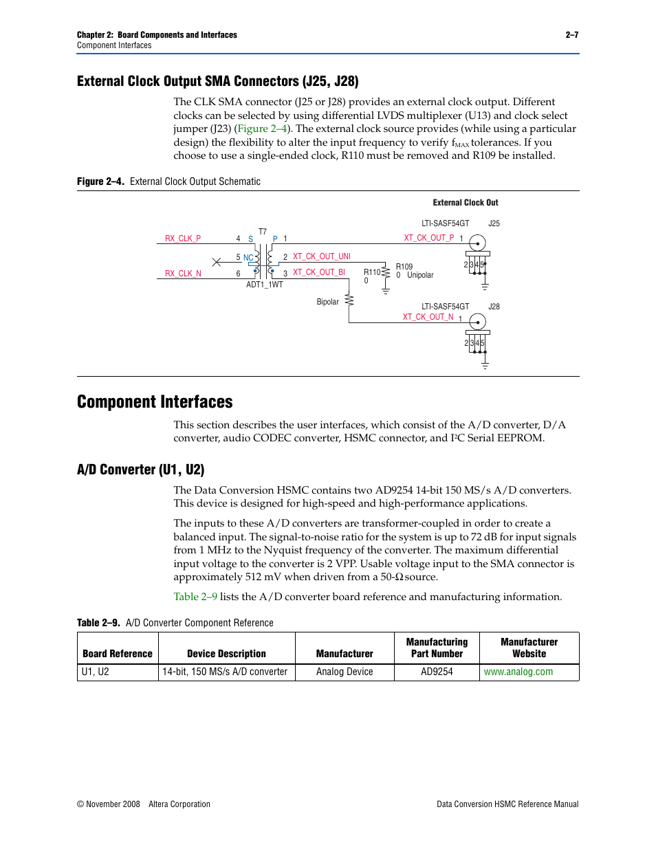 External clock output sma connectors (j25, j28), Component interfaces, A/d converter (u1, u2) | External clock output sma connectors (j25, j28) –7, Component interfaces –7, A/d converter (u1, u2) –7 | Altera Data Conversion HSMC User Manual | Page 13 / 44