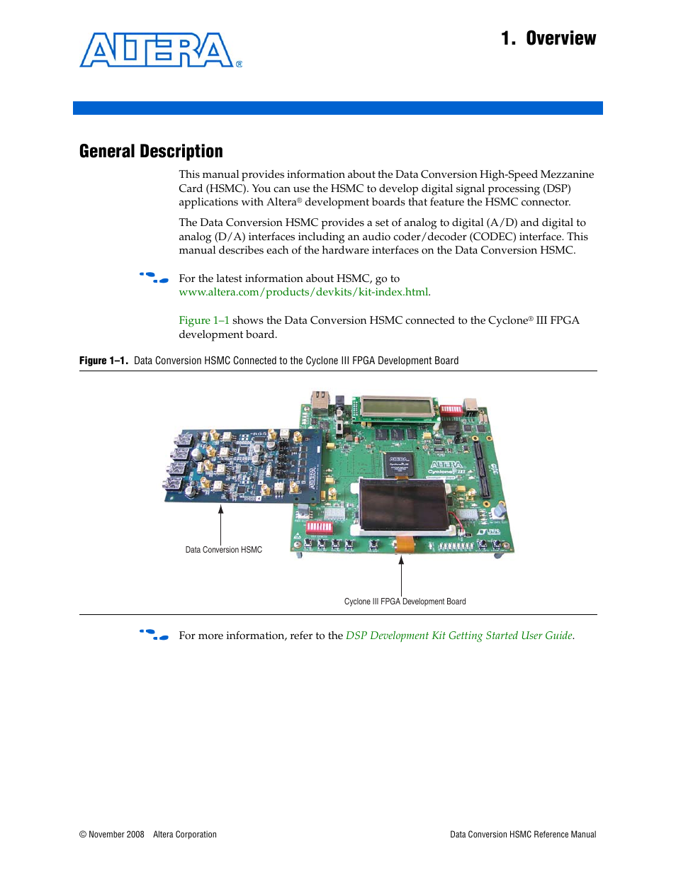 Overview, General description, Chapter 1. overview | General description –1 | Altera Data Conversion HSMC User Manual | Page 5 / 44