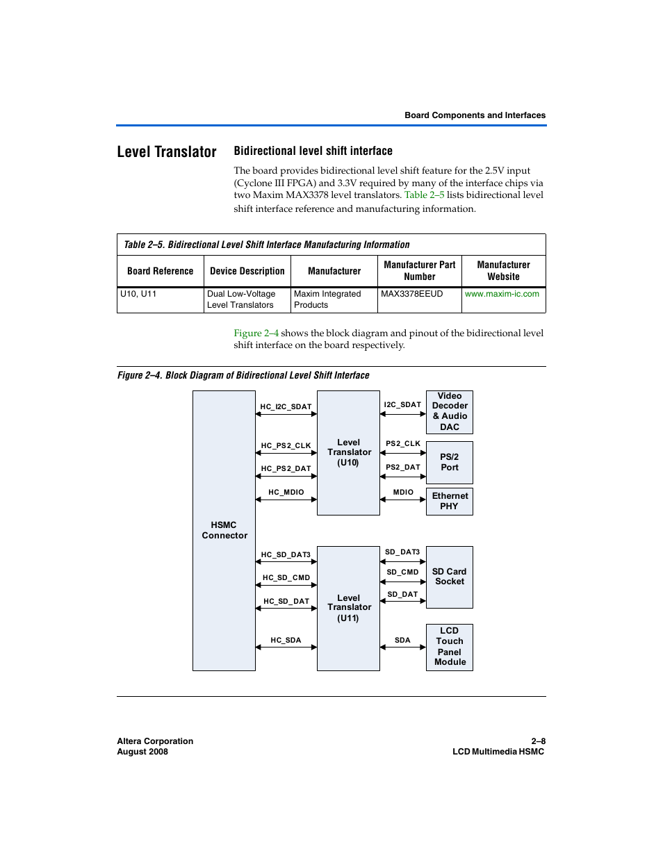 Level translator, Bidirectional level shift interface, Level translator –8 | Altera LCD Multimedia HSMC User Manual | Page 16 / 51
