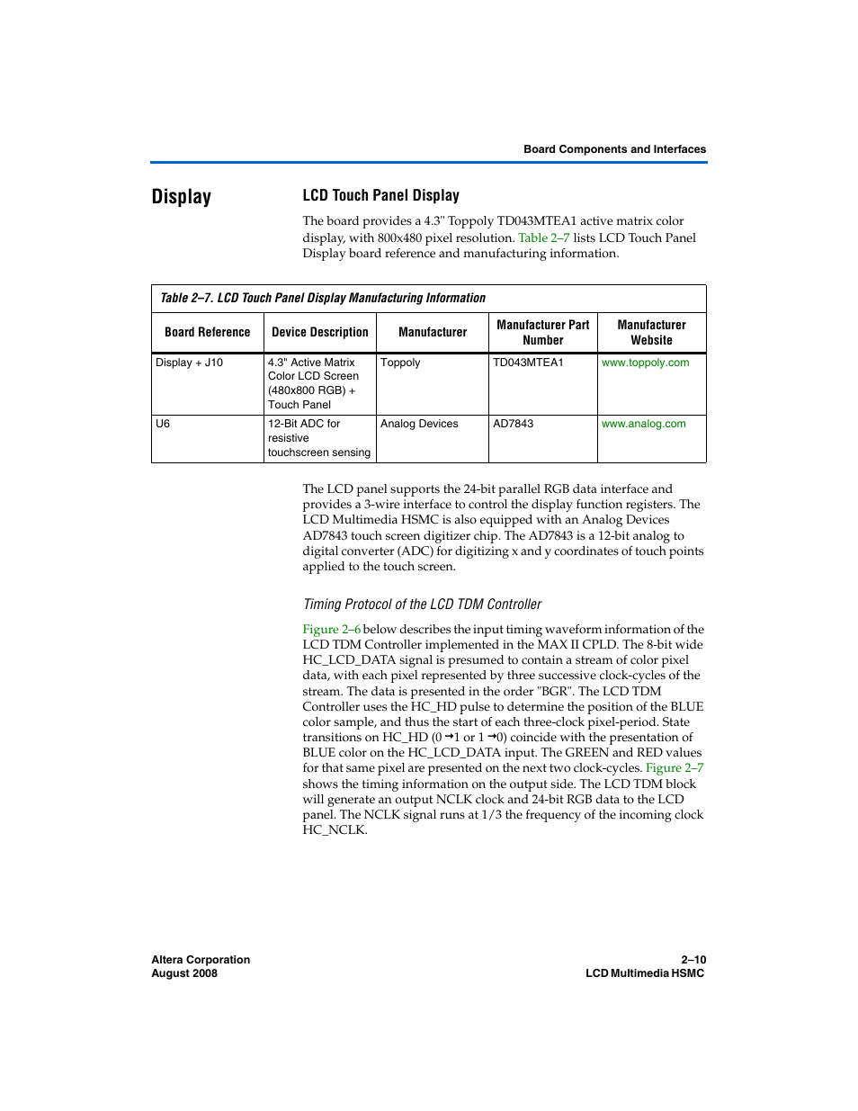 Display, Lcd touch panel display, Timing protocol of the lcd tdm controller | Display –10 | Altera LCD Multimedia HSMC User Manual | Page 18 / 51