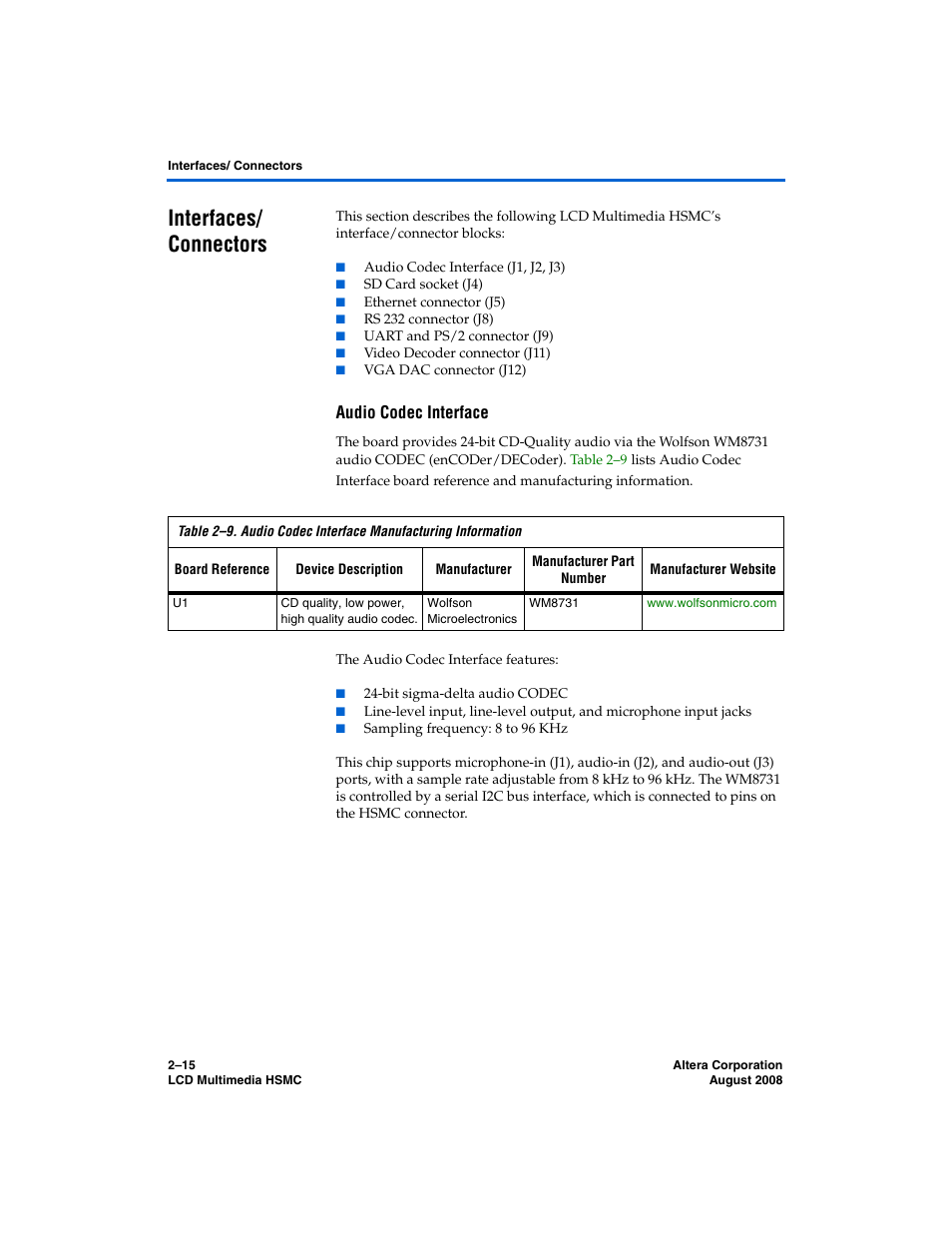 Interfaces/ connectors, Audio codec interface, Interfaces/connectors –15 | Altera LCD Multimedia HSMC User Manual | Page 23 / 51