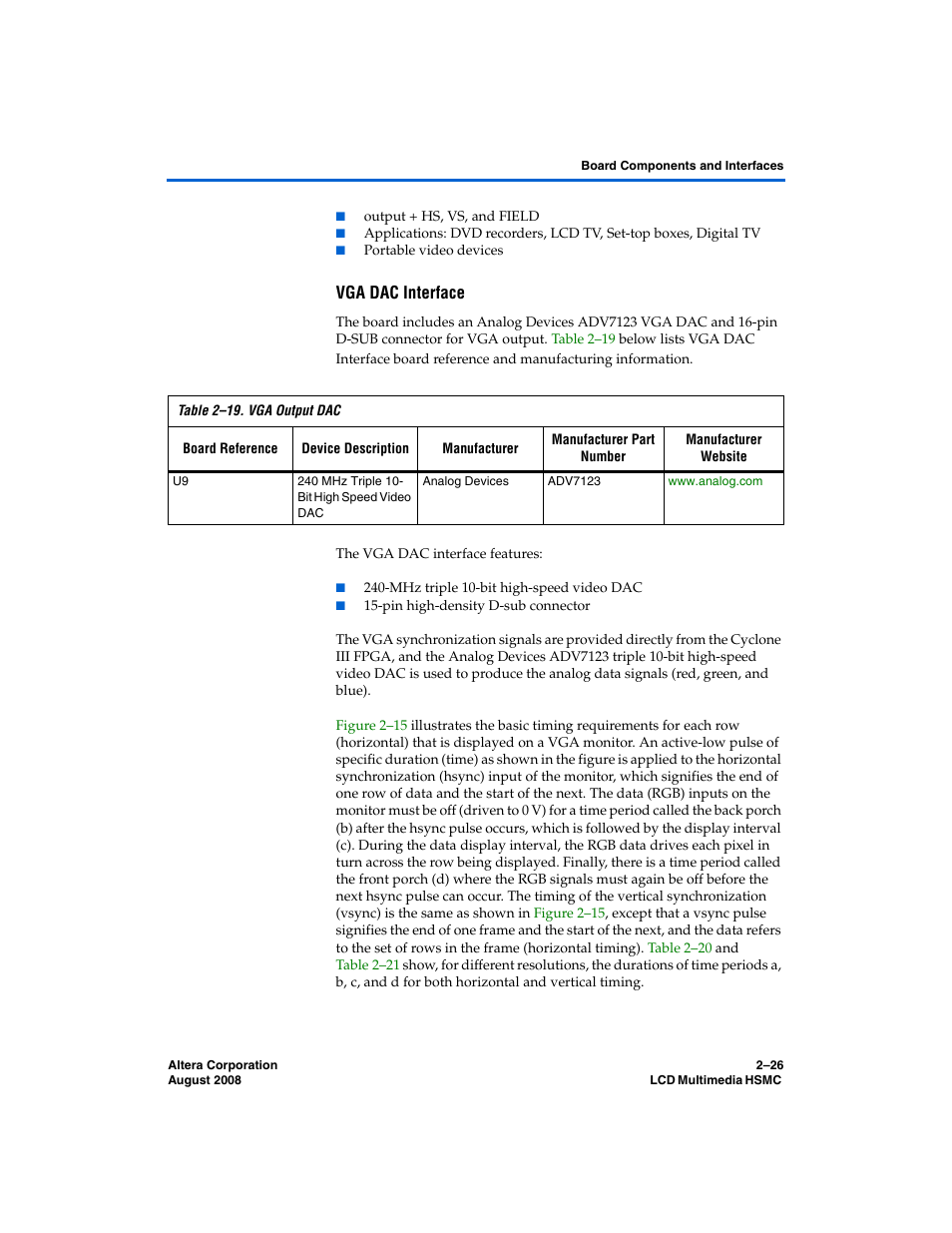 Vga dac interface | Altera LCD Multimedia HSMC User Manual | Page 34 / 51