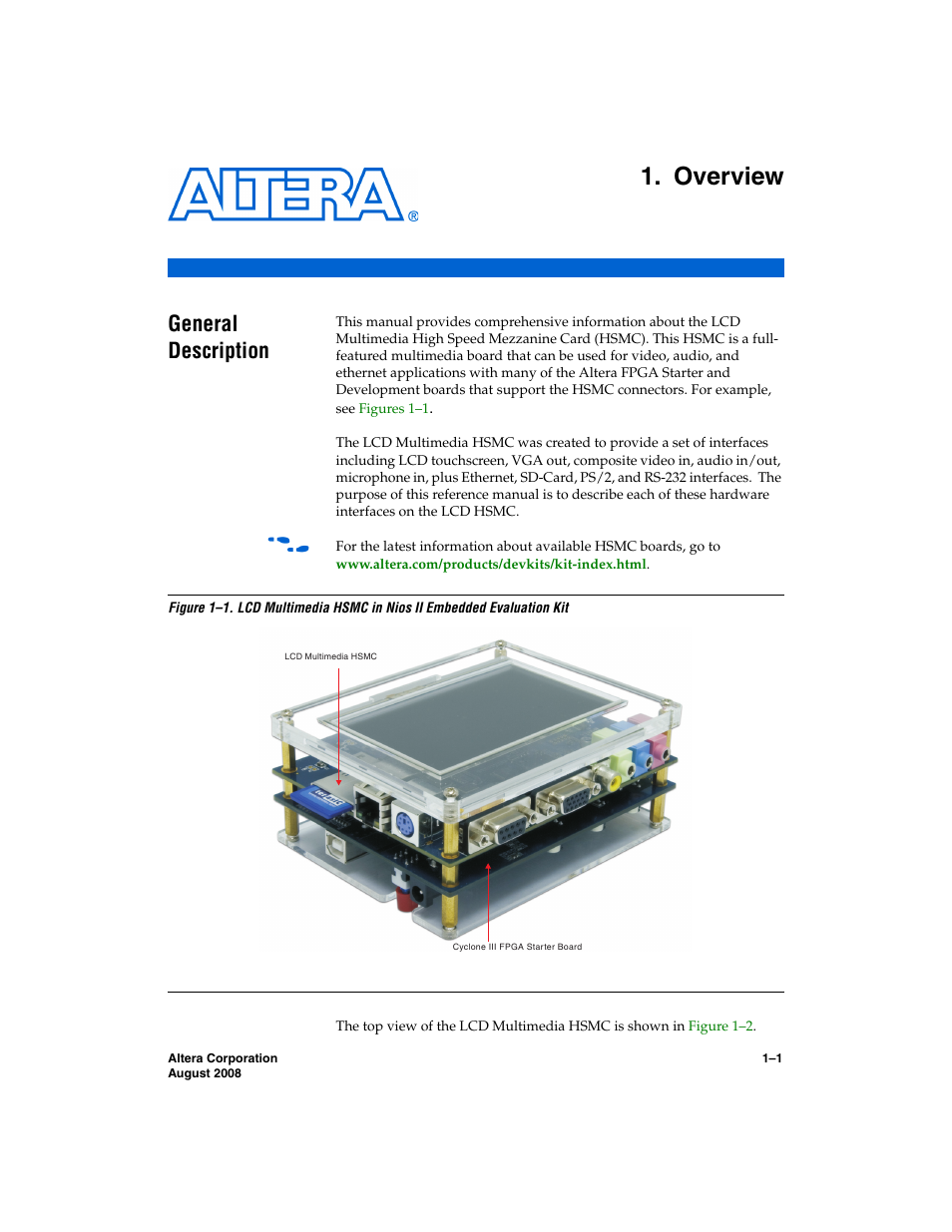 Overview, General description, Chapter 1. overview | Altera LCD Multimedia HSMC User Manual | Page 4 / 51