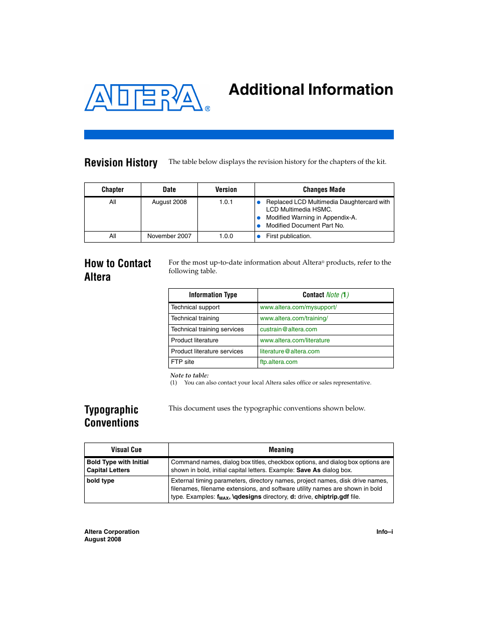Additional information, Revision history, How to contact altera | Typographic conventions, Additional, Information | Altera LCD Multimedia HSMC User Manual | Page 50 / 51