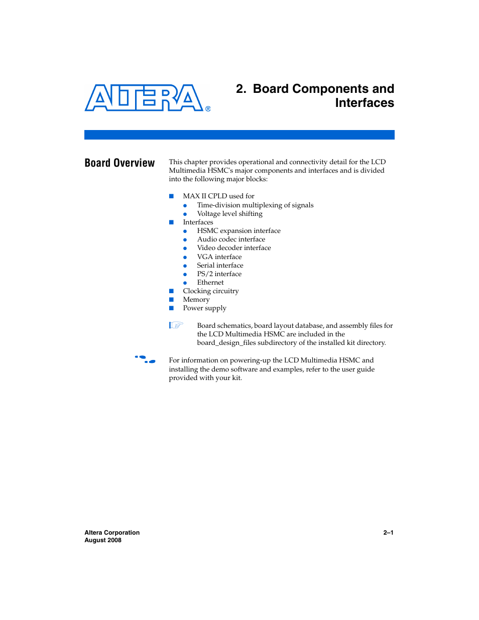 Board components and interfaces, Board overview, Chapter 2. board components and interfaces | Altera LCD Multimedia HSMC User Manual | Page 9 / 51