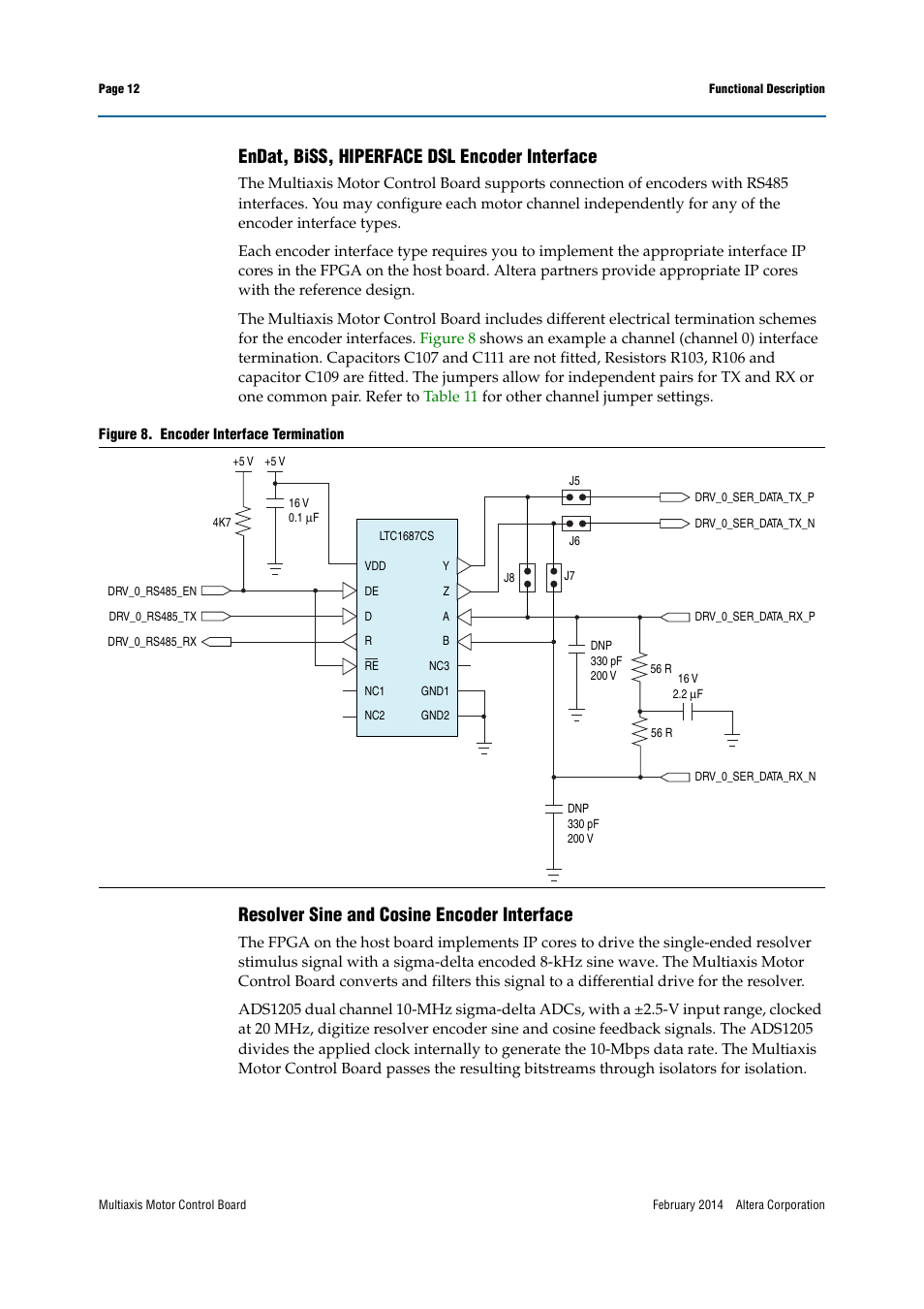 Endat, biss, hiperface dsl encoder interface, Resolver sine and cosine encoder interface | Altera Multiaxis Motor Control Board User Manual | Page 12 / 22