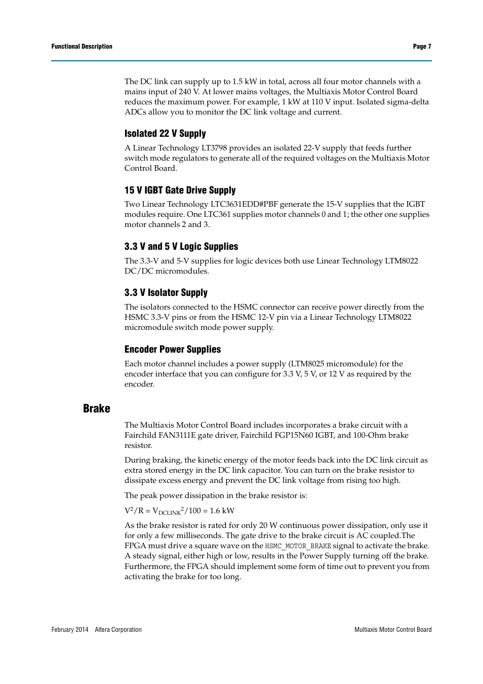 Isolated 22 v supply, 15 v igbt gate drive supply, 3 v and 5 v logic supplies | 3 v isolator supply, Encoder power supplies, Brake | Altera Multiaxis Motor Control Board User Manual | Page 7 / 22