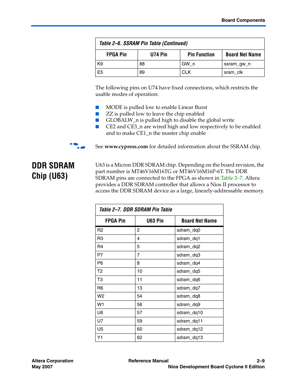 Ddr sdram chip (u63), Ddr sdram chip (u63) –9 | Altera Nios Development Board Cyclone II Edition User Manual | Page 21 / 64