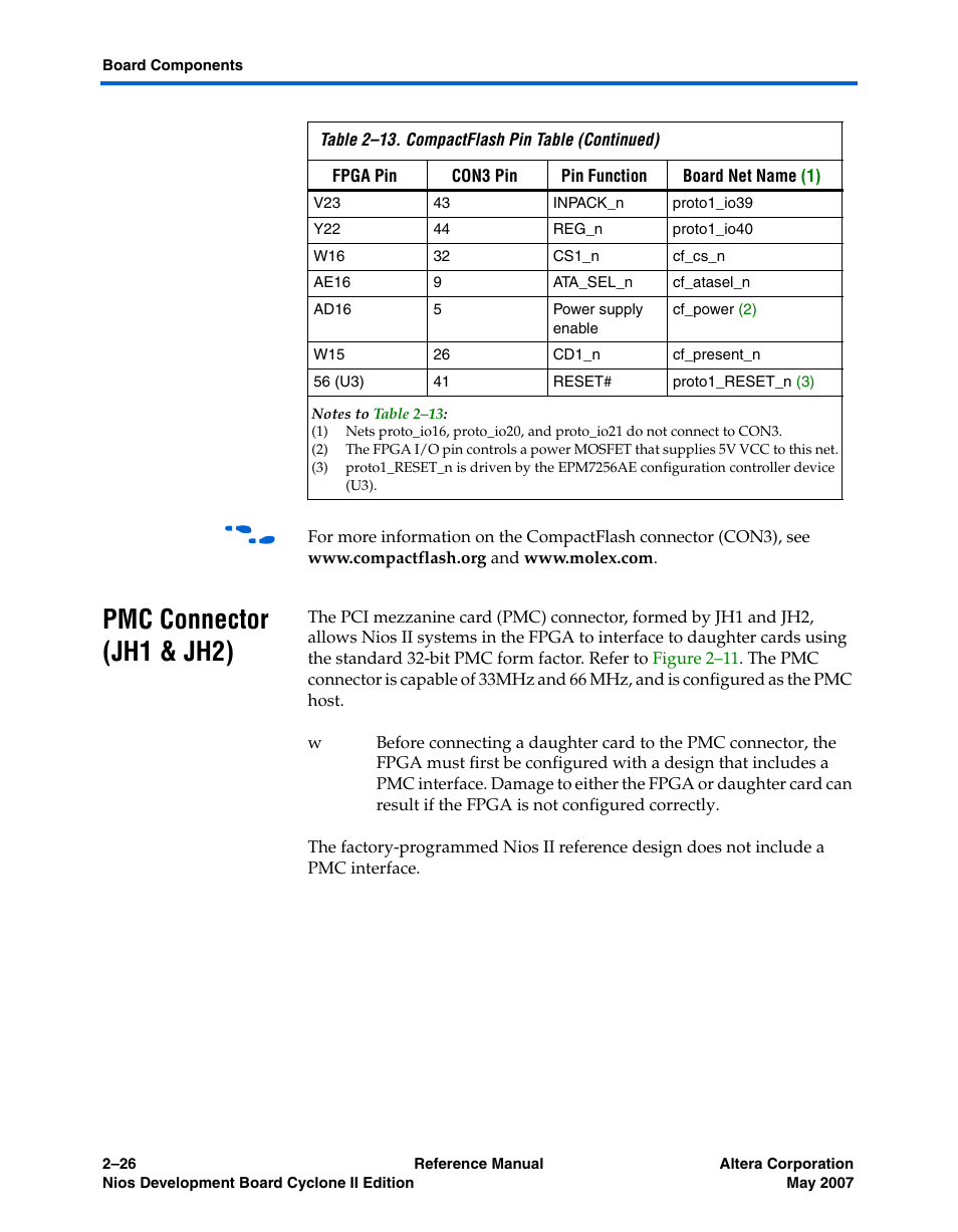 Pmc connector (jh1 & jh2), Pmc connector (jh1 & jh2) –26 | Altera Nios Development Board Cyclone II Edition User Manual | Page 38 / 64