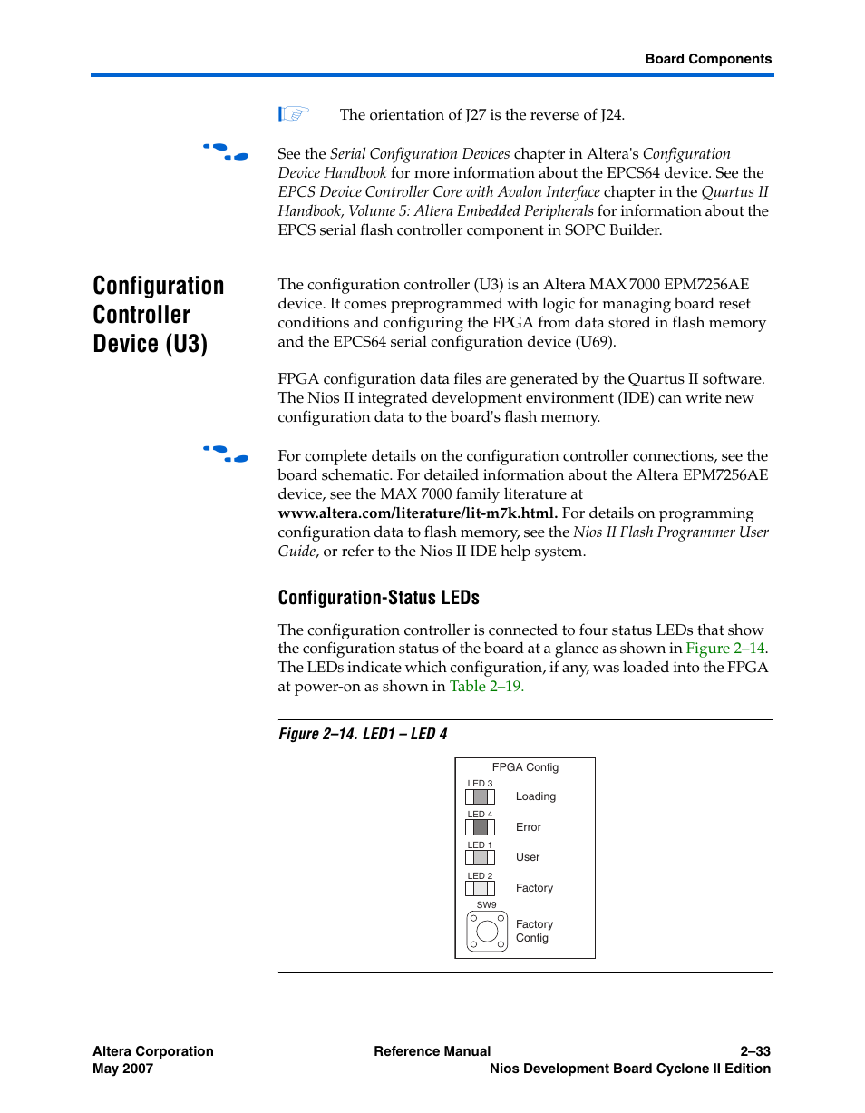 Configuration controller device (u3), Configuration-status leds, Configuration controller device (u3) –33 | Configuration controller | Altera Nios Development Board Cyclone II Edition User Manual | Page 45 / 64