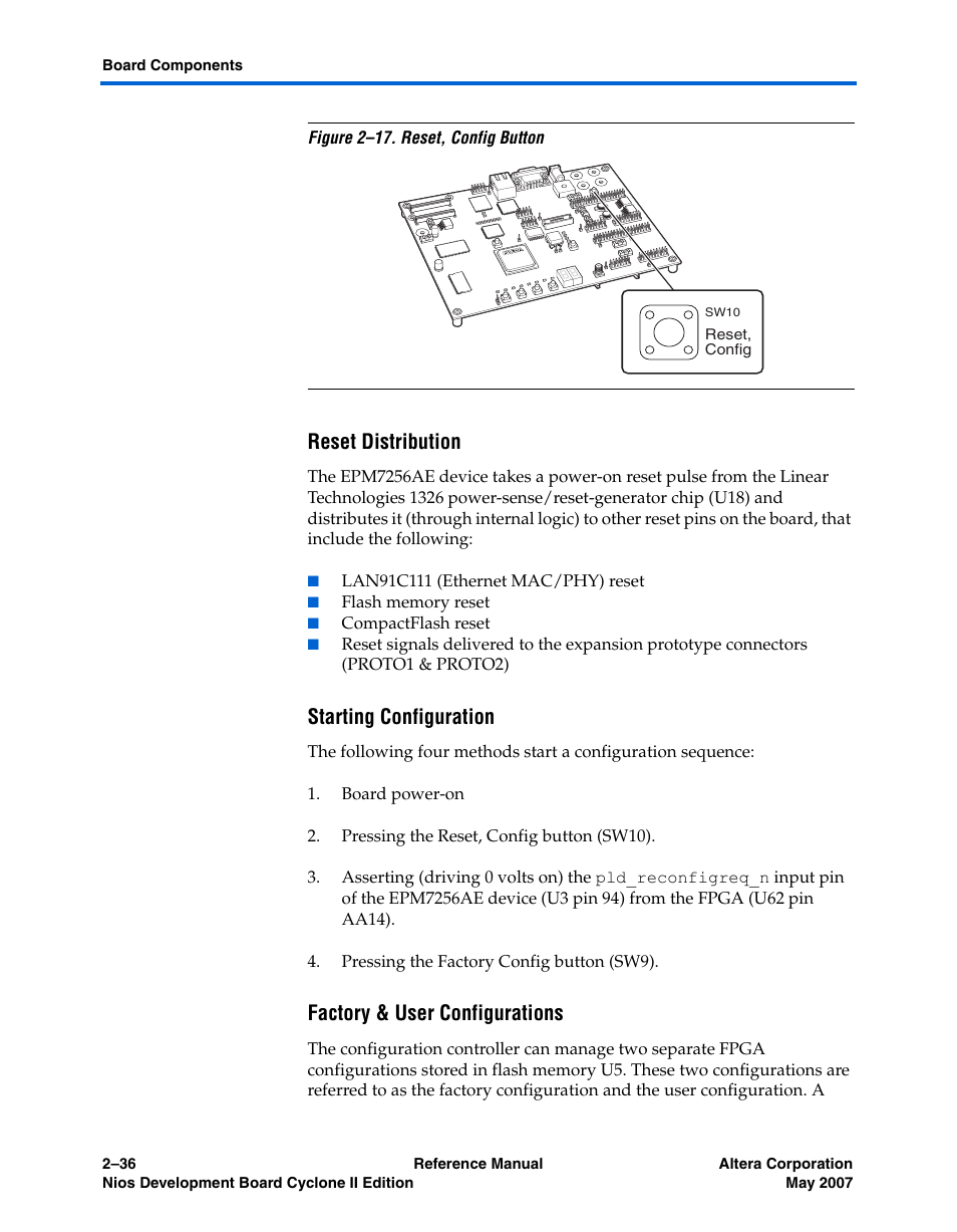 Reset distribution, Starting configuration, Factory & user configurations | R to, Figure 2–17 | Altera Nios Development Board Cyclone II Edition User Manual | Page 48 / 64