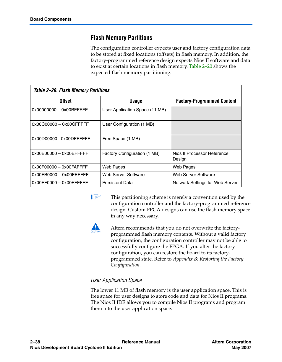 Flash memory partitions, User application space | Altera Nios Development Board Cyclone II Edition User Manual | Page 50 / 64