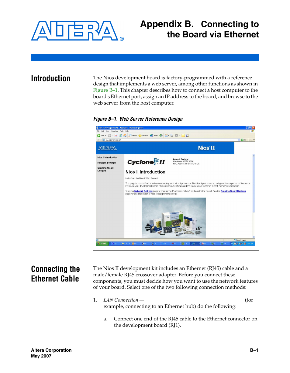 Appendix b. connecting to the board via ethernet, Introduction, Connecting the ethernet cable | Appendix b, Connecting to the board via ethernet | Altera Nios Development Board Cyclone II Edition User Manual | Page 59 / 64