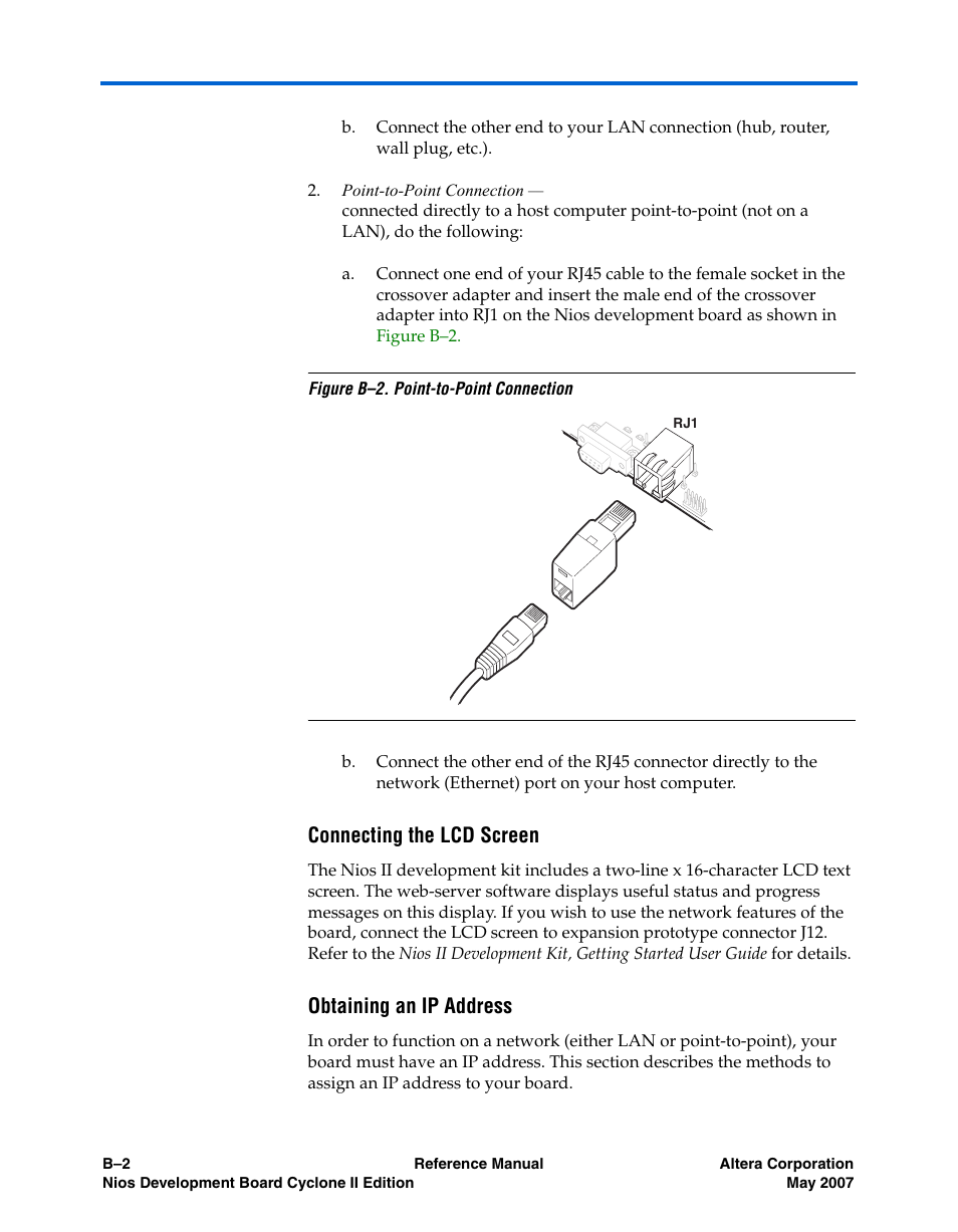 Connecting the lcd screen, Obtaining an ip address | Altera Nios Development Board Cyclone II Edition User Manual | Page 60 / 64