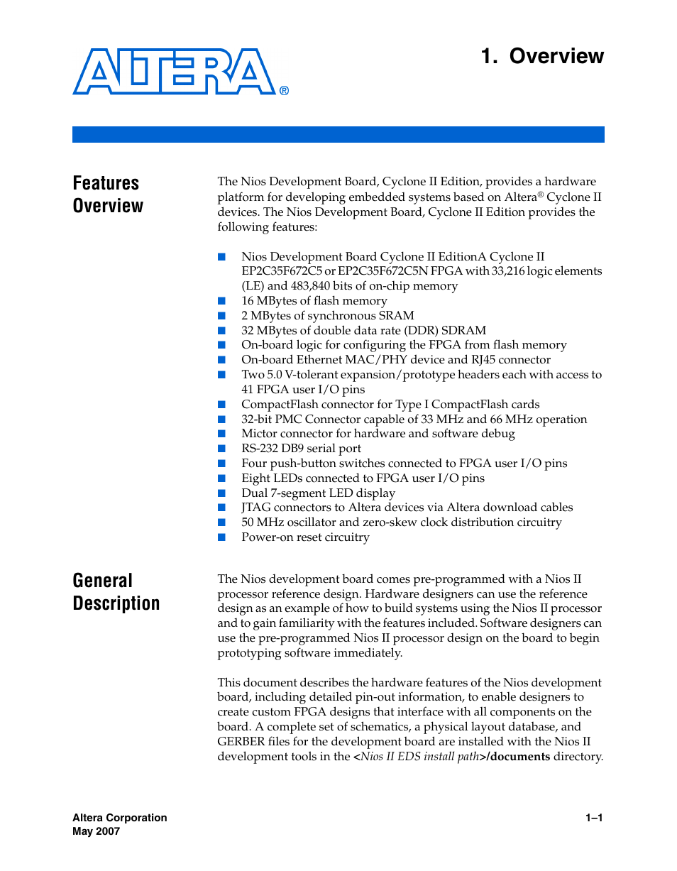 Overview, Features overview, General description | Chapter 1. overview, Features overview –1 general description –1 | Altera Nios Development Board Cyclone II Edition User Manual | Page 9 / 64