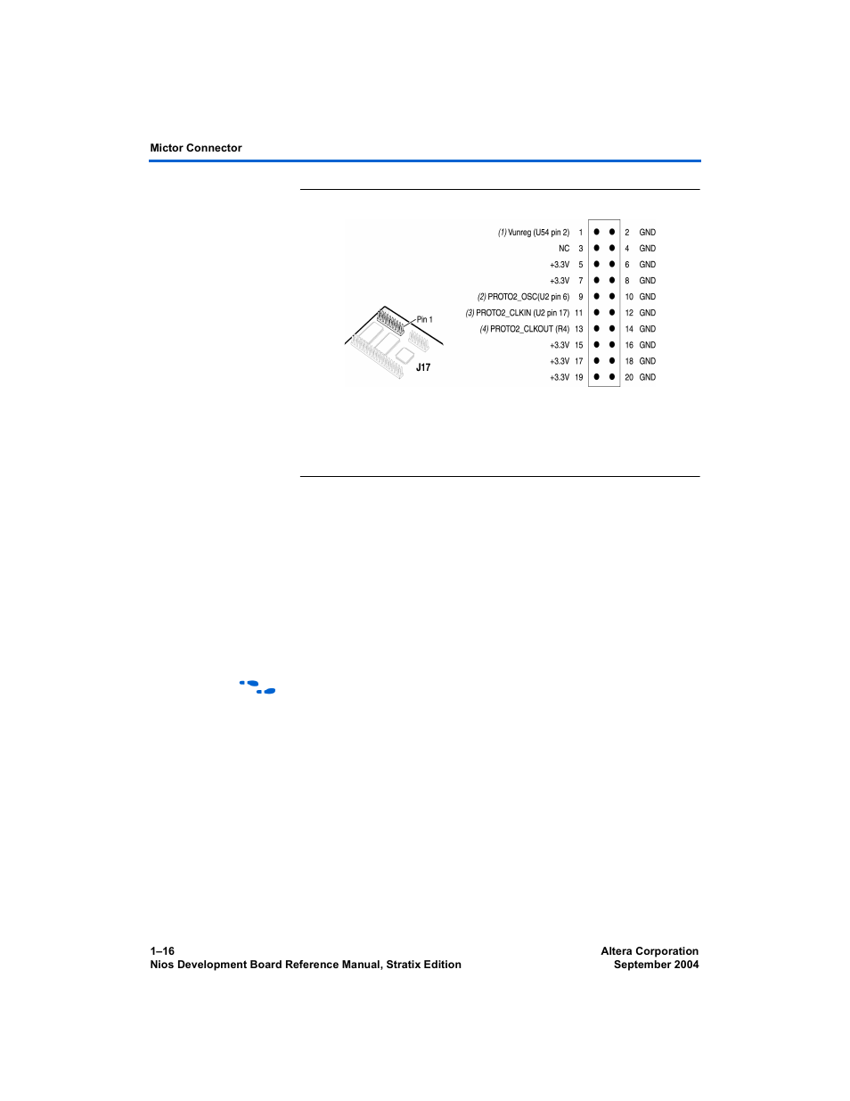 Mictor connector, Mictor connector –16, Figure 1–10 | Altera Nios Development Board User Manual | Page 24 / 52