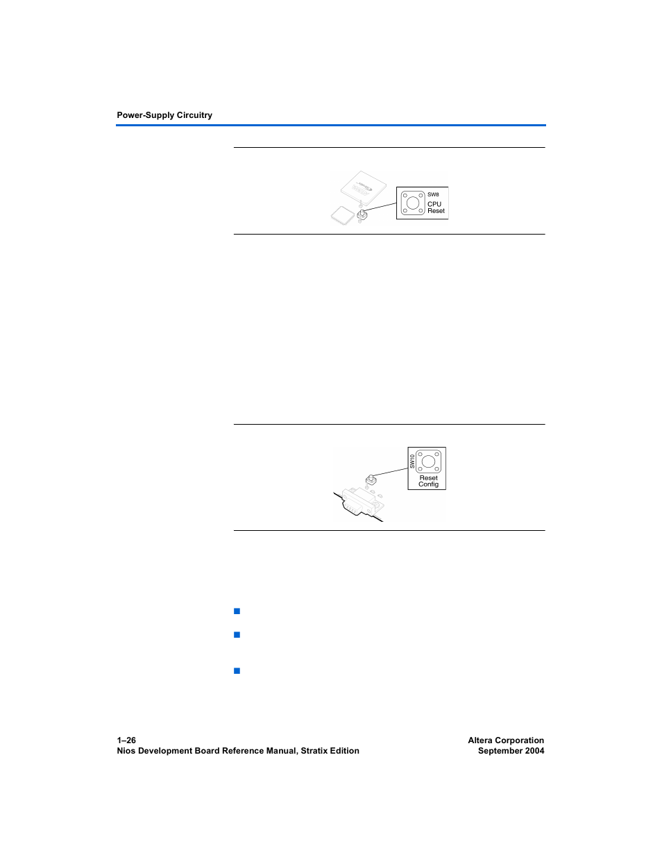 Sw9 - safe config, Sw10 - reset, config, Power-supply circuitry | Sw9 – safe config, Sw10 – reset, config, Power-supply circuitry –26 | Altera Nios Development Board User Manual | Page 34 / 52