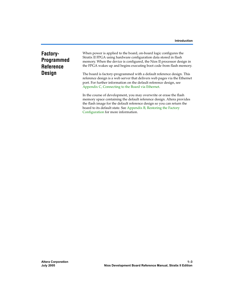 Factory- programmed reference design | Altera Nios Development Board User Manual | Page 11 / 56