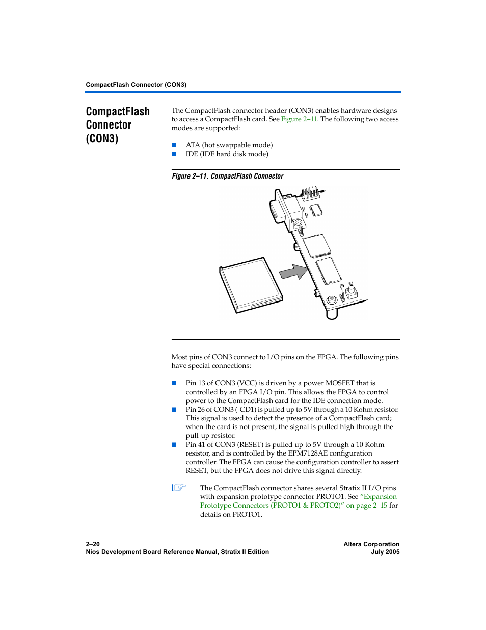 Compactflash connector (con3), Compactflash connector (con3) –20 | Altera Nios Development Board User Manual | Page 28 / 56