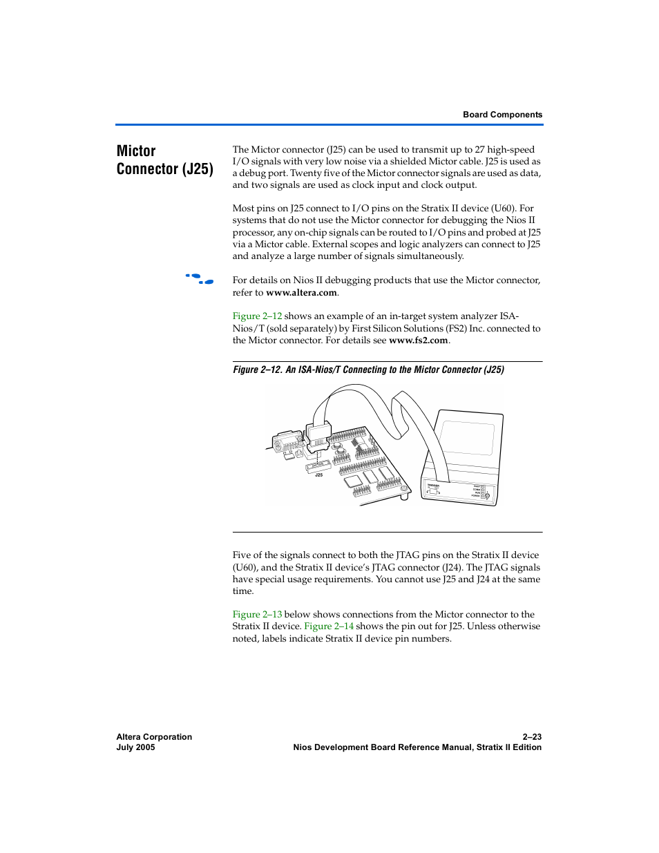 Mictor connector (j25), Mictor connector (j25) –22 | Altera Nios Development Board User Manual | Page 31 / 56