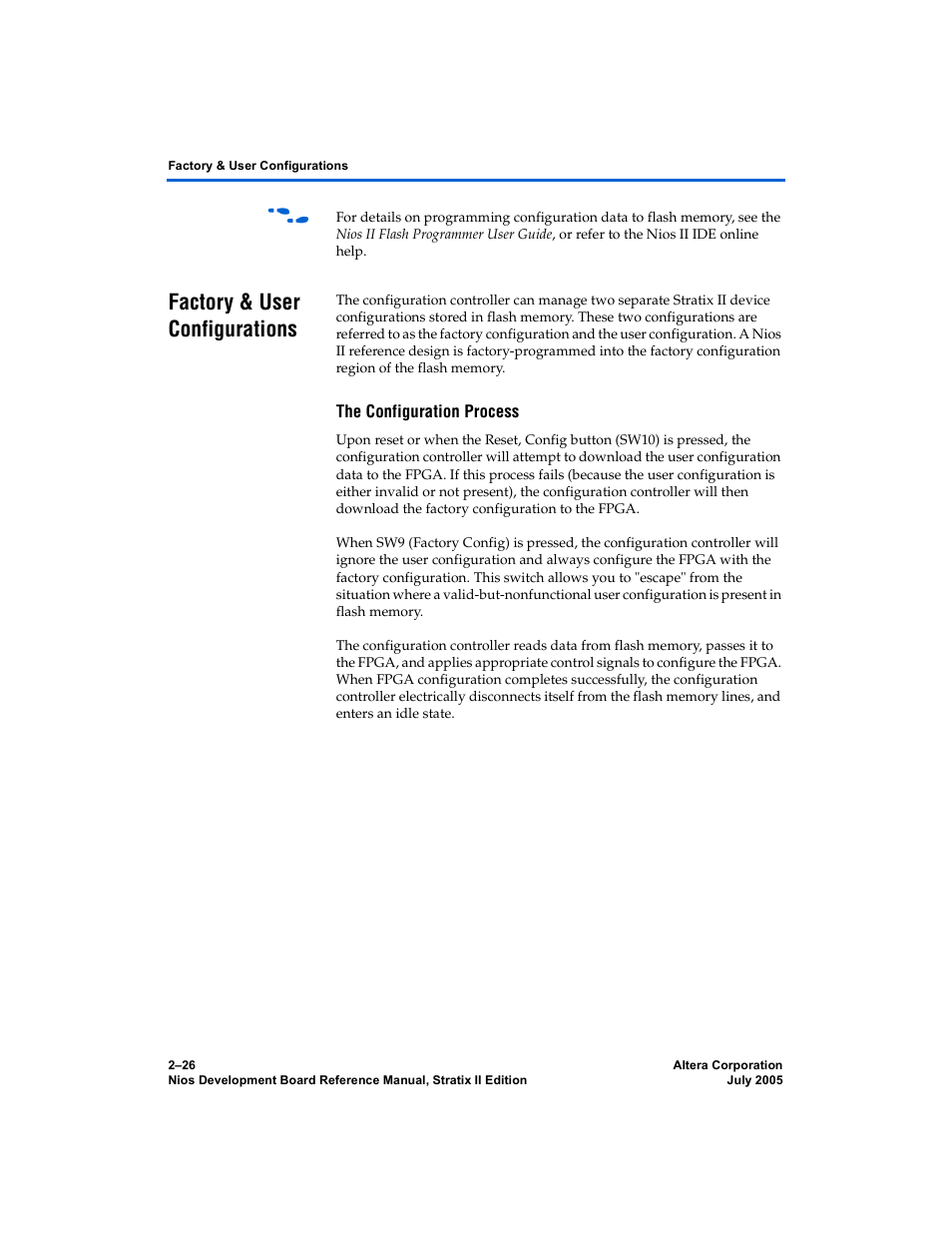 Factory & user configurations, The configuration process, Factory & user configurations –26 | Altera Nios Development Board User Manual | Page 34 / 56