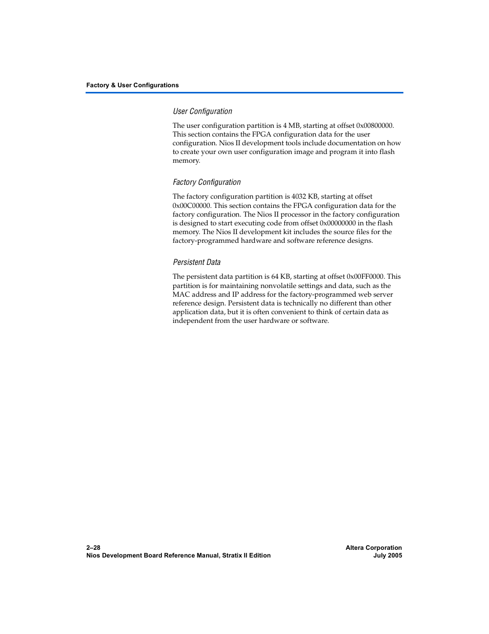 User configuration, Factory configuration, Persistent data | Altera Nios Development Board User Manual | Page 36 / 56